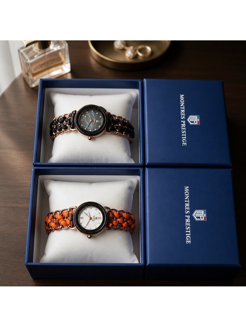 (2) Montres Prestige Women's 25MM Quartz Watch Orange Gold/Black Woven Bracelet
